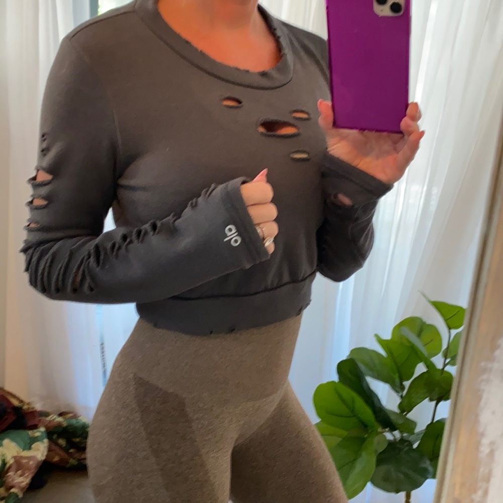 ALO Cropped Distressed Sweatshirt